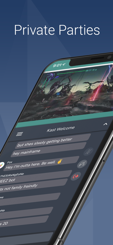 Kast App-Benutzeroberfläche, die eine private Party mit einem Live-Game-Stream und einem integrierten Gruppenchat auf einem iPhone zeigt.