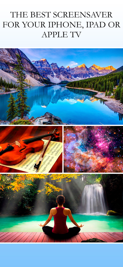 Background Videos 4K - Una muestra de diferentes escenas de salvapantallas 4K que incluyen un lago de montaña, un violín, una galaxia y una persona meditando junto a una cascada.