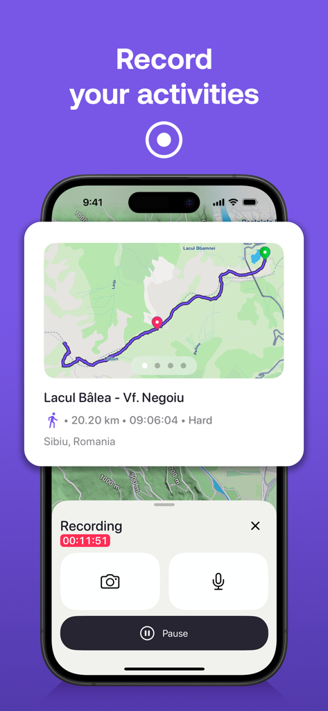 Magic Earth Navigation & Maps - A smartphone showing the activity recording feature of the Magic Earth app with a hiking route on a map and duration details