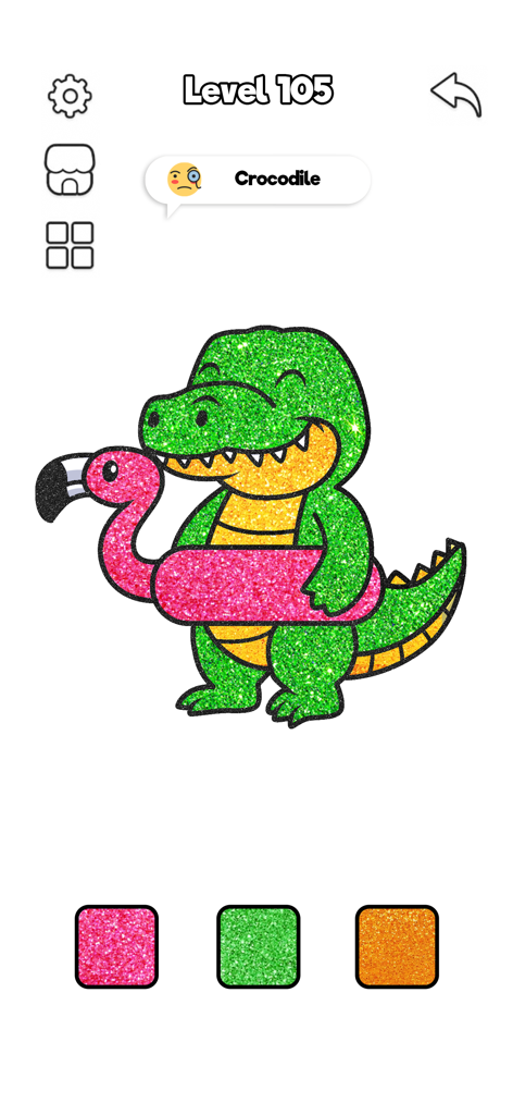 ASMR Coloring Book: Paint Game - A glittery cartoon crocodile wearing a pink flamingo floatie in the ASMR Coloring Book game interface.
