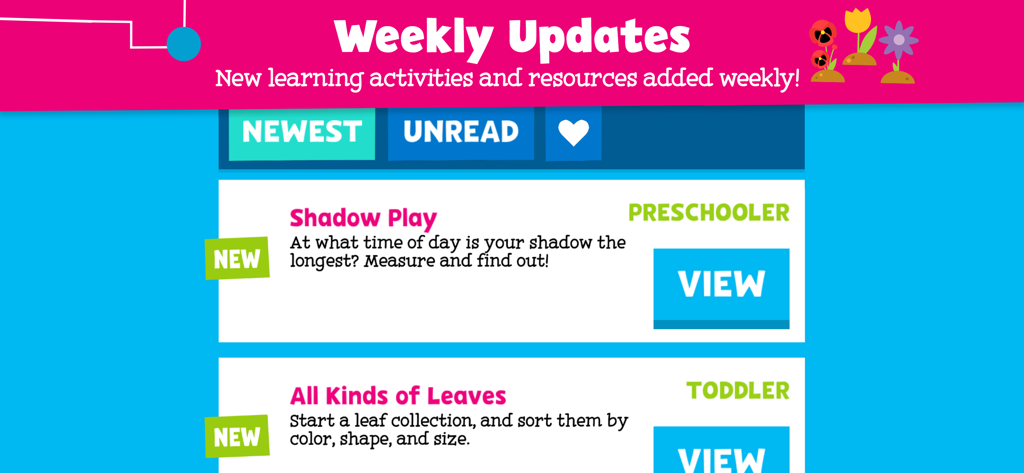 PBS Parents Play and Learn - Weekly updates screen showing preschooler and toddler learning activities in the PBS Parents app.