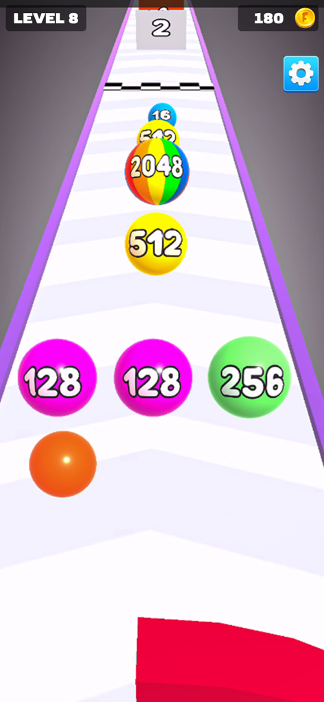 Gameplay of Ball Merge 3D showing colorful numbered balls on a track