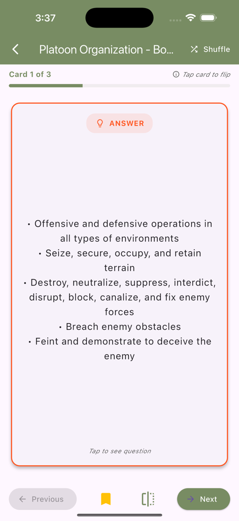 Flashcard interface in the Infantry Platoon app displaying US Army tactical doctrine for offensive and defensive operations