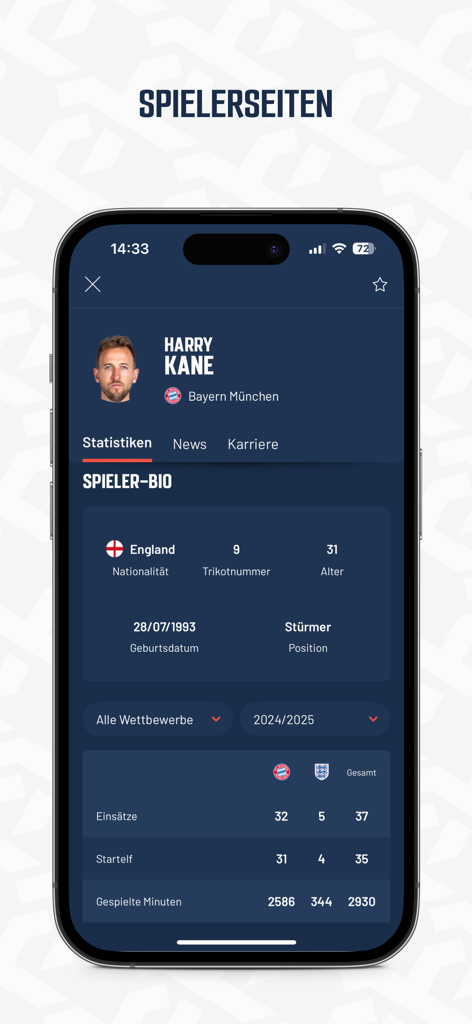 SPOX app screenshot showing Harry Kane player profile with statistics and biography