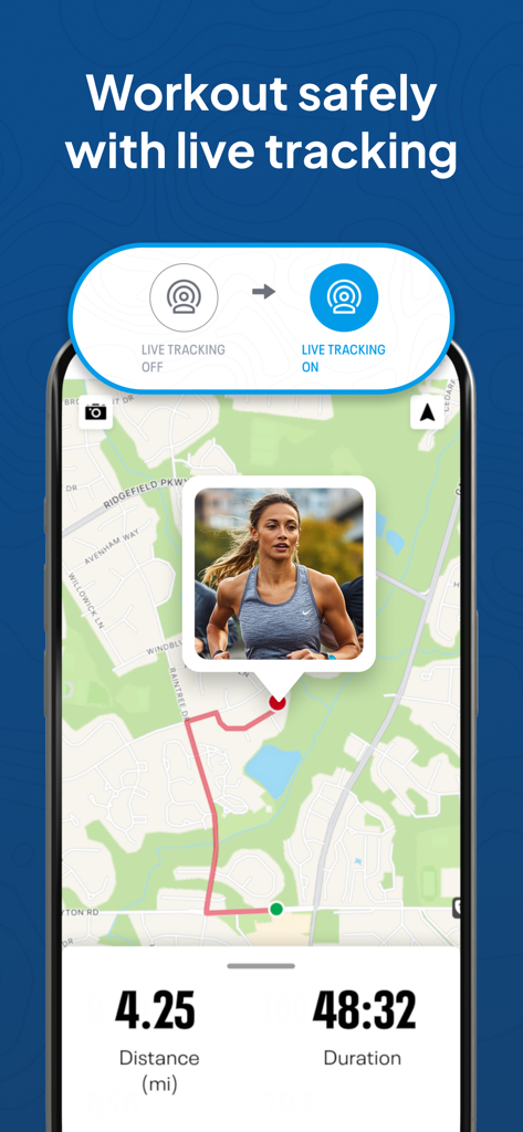 Map My Fitness Workout Tracker - Map My Fitness mobile app interface showing the live tracking safety feature with a map and workout stats