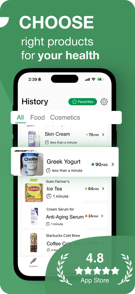 OneLabel: Product Scanner - OneLabel app history screen displaying health ratings for scanned food and cosmetic products