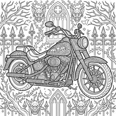 Dive into a world of dark elegance with our Gothic Cruiser Motorcycle coloring page. This intricate design combines classic bike aesthetics with mysterious Victorian-inspired details for a truly unique coloring experience.
