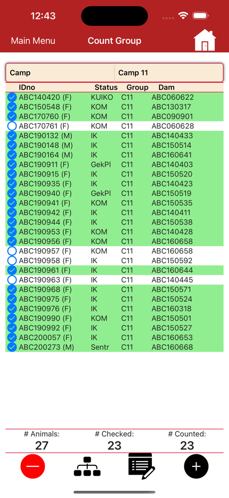 BenguFarm Mobile livestock count group interface showing animal IDs and tracking status