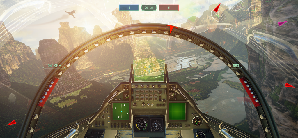 Sky Gamblers - Air Supremacy 2 - First person cockpit view of a jet fighter flying over a mountain landscape in Sky Gamblers Air Supremacy 2