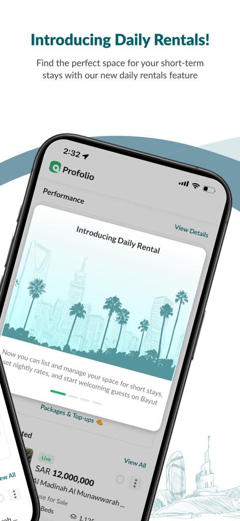 Bayut KSA - Real Estate - Bayut KSA app interface showing the introduction of the daily rentals feature for short term stays.