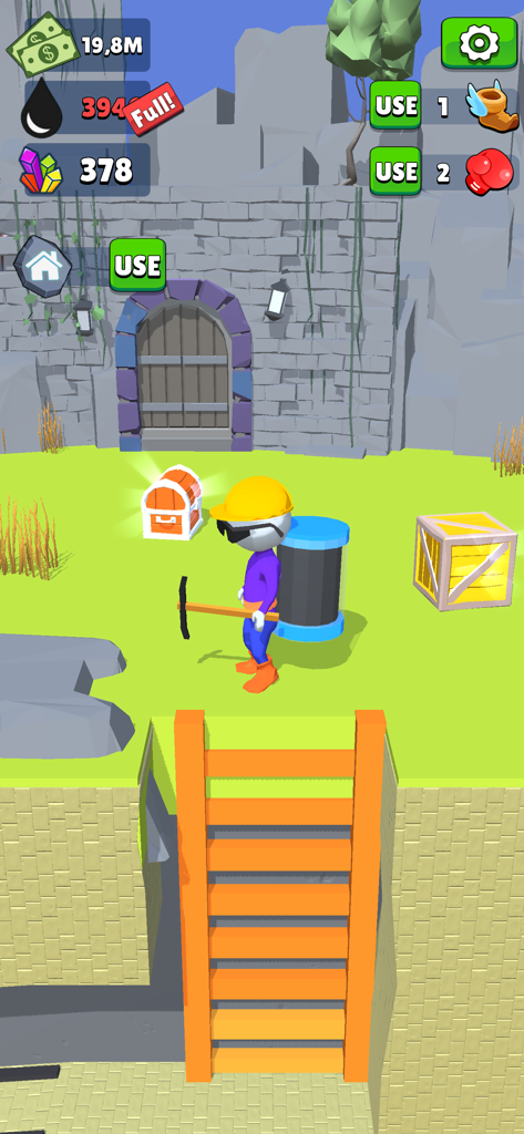 Oilman! - Un personaje con casco amarillo sosteniendo un pico junto a un pozo de excavación profundo con escaleras naranjas en el juego móvil Oilman.