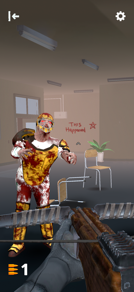 Dead Raid: Zombie Shooter 3D - Vista en primera persona apuntando con una ballesta a un zombie jugador de fútbol americano