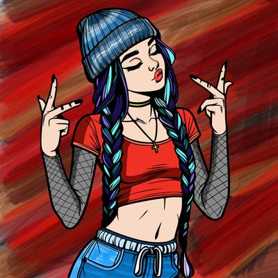 realistic teenage girl with braids and a beanie and crop top doing 🫶🏼