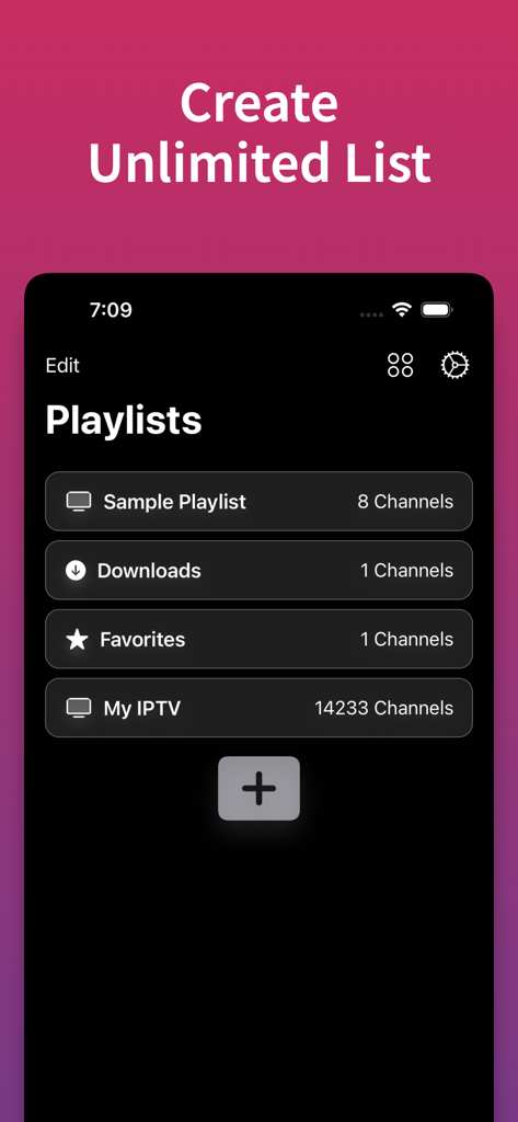 King IPTV Pro app showing multiple playlists and an option to create unlimited lists