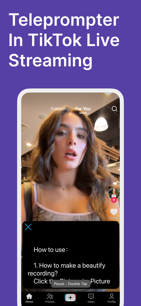 Teleprompter™ - A floating teleprompter window with a script overlaying a TikTok live streaming interface