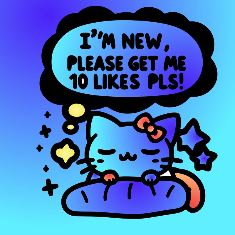 kitty taking a nap dream talking and saying "i'm new, please get me at least 10 likes pls!!"