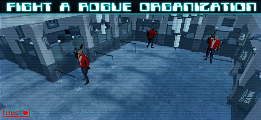 Shadow ops - Tactical shooter - Eine taktische Shooter-Gameplay-Szene in einer Banklobby mit dem Text 'Bekämpfe eine abtrünnige Organisation'.