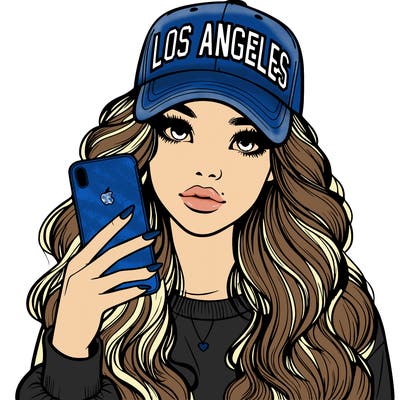 realistic beautiful girl wearing los ángeles cap holding an iphone