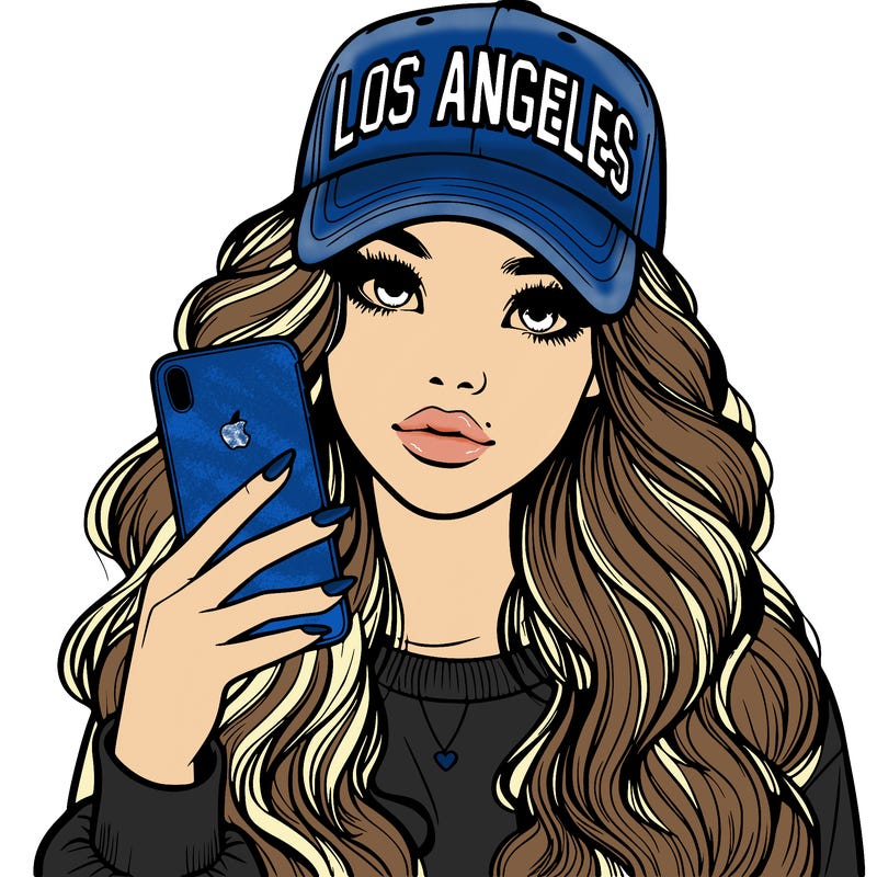realistic beautiful girl wearing los ángeles cap holding an iphone