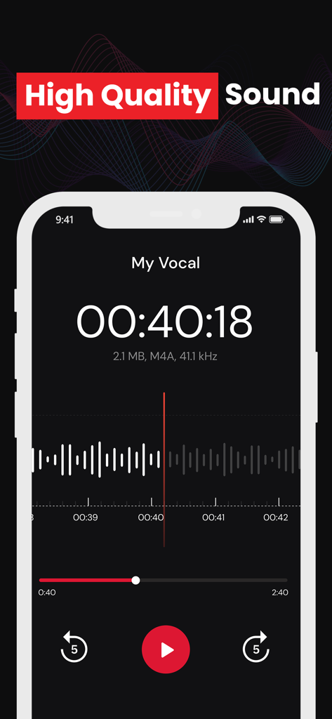 Recorder - Voice Memos - Interface do aplicativo Notas de Voz mostrando uma gravação de áudio de alta qualidade com uma forma de onda e controles de reprodução