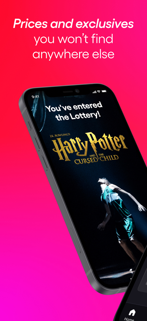A smartphone screen showing a successful lottery entry for Harry Potter and the Cursed Child on the TodayTix app against a vibrant pink background.
