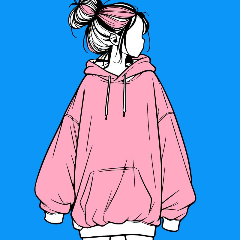 realistic girl with a oversized sweatshirt on and a bun