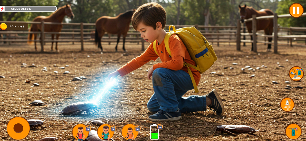 Idle Pest Cleaning Game 3D - Gameplay screenshot of a boy exterminating large insects on a farm with horses
