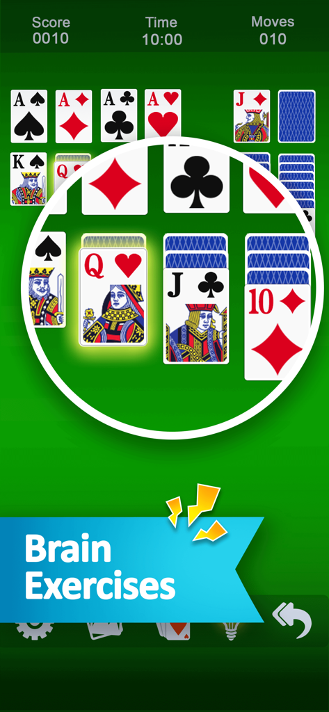 Classic solitaire card game on a green background with a banner highlighting brain exercises
