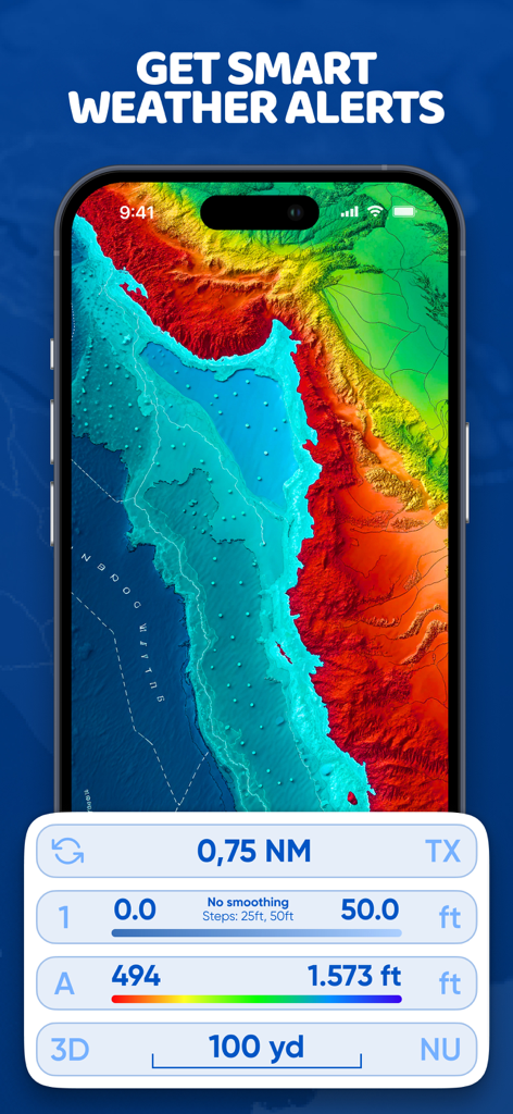 Marine Traffic: Ship Tracker - Un mapa topográfico marino colorido en un smartphone con texto de alerta meteorológica y datos de mediciones náuticas