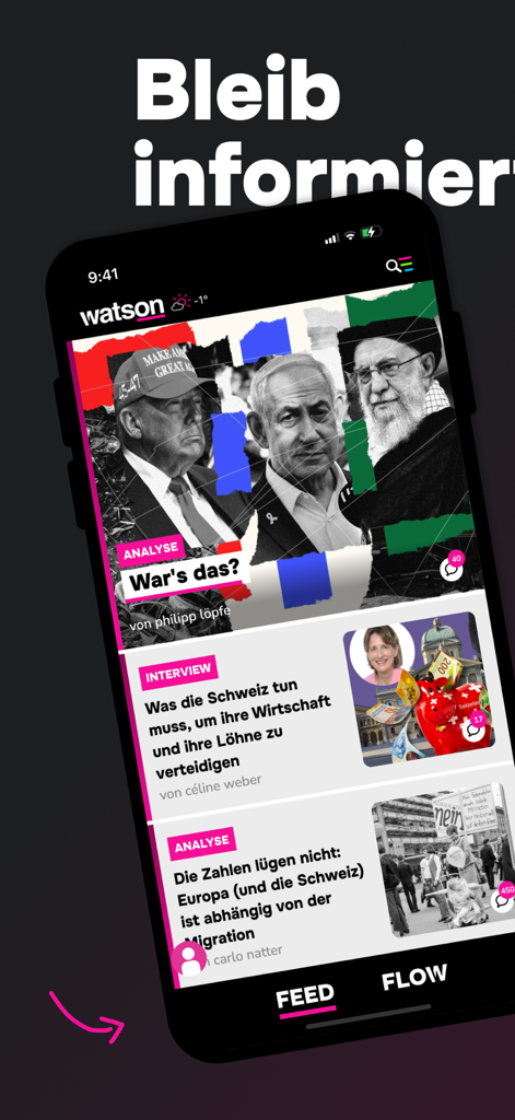 watson News - Watson News app interface showing a mobile news feed with political and economic articles
