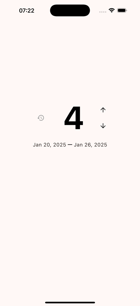 Week number app - Interfaccia dell'app Numero Settimana che mostra la settimana 4 e l'intervallo di date dal 20 gennaio al 26 gennaio 2025
