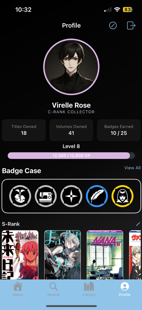 ReManga - A profile page in the ReManga app showing a user collection stats and badges