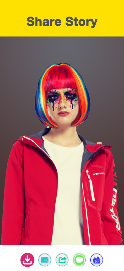 Anonymous Face Camera MaskMe - A woman wearing a rainbow wig and artistic face mask filter in the MaskMe app share screen.