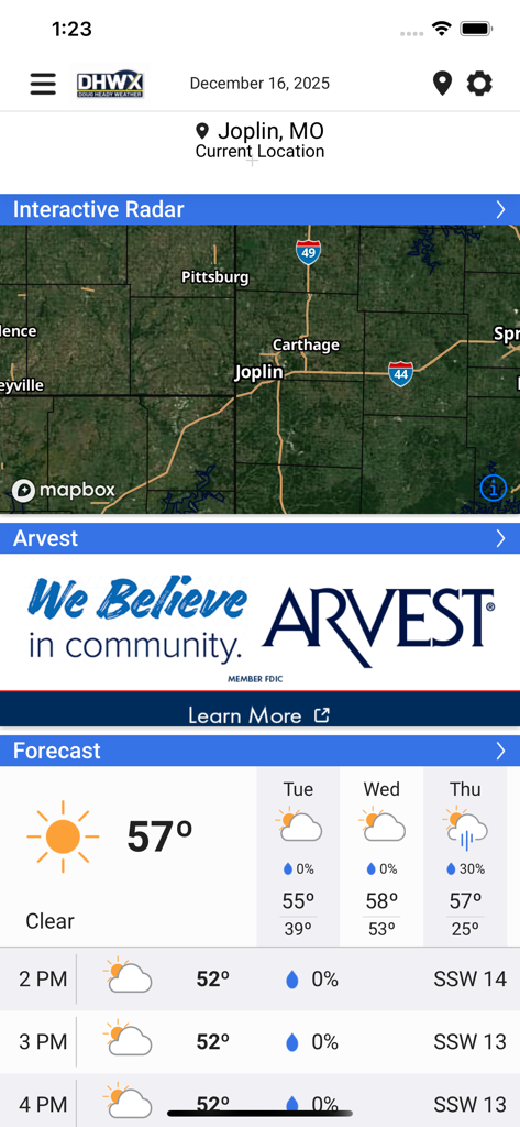 Doug Heady Weather - Doug Heady Weather mobile app interface with local forecast and interactive radar for Joplin Missouri