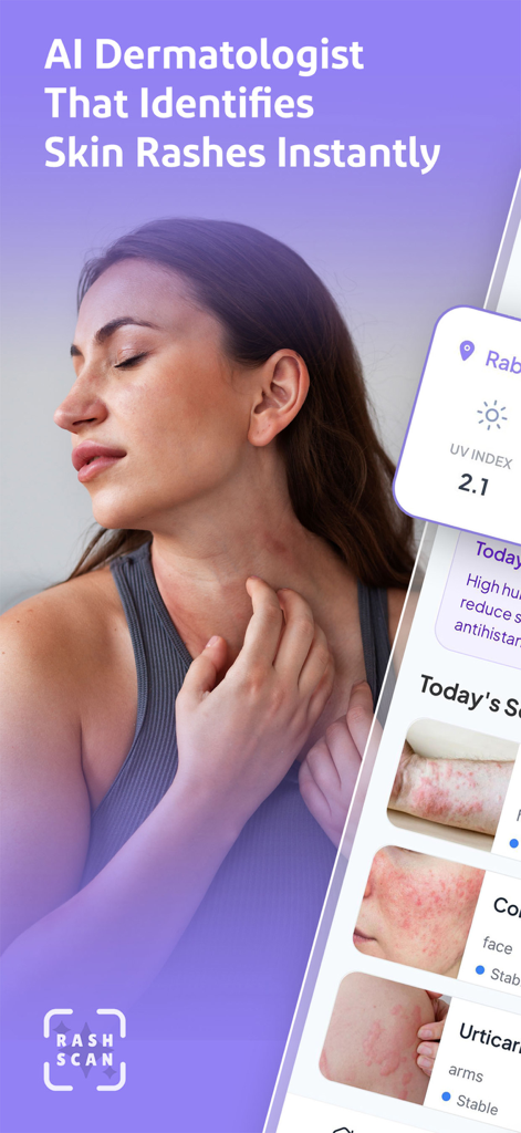 Rash Scan app interface demonstrating AI skin rash identification and symptom tracking