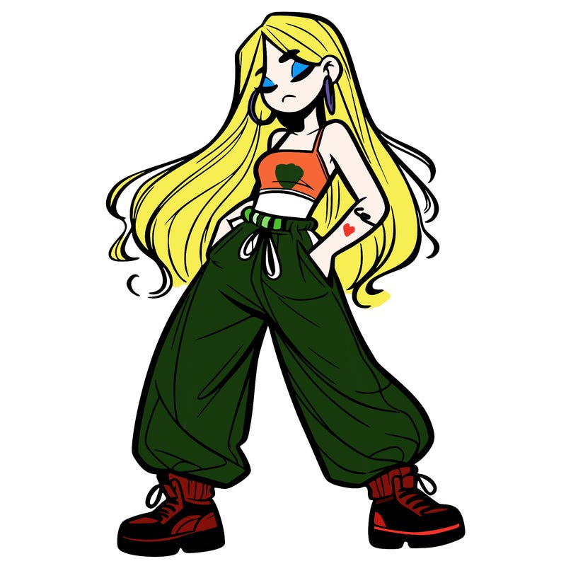 girl in baggy pants crop top and long hair