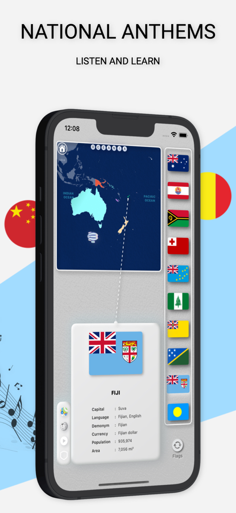 MapGo: Countries of the world - MapGo app interface showing geography facts for Fiji including flag and map