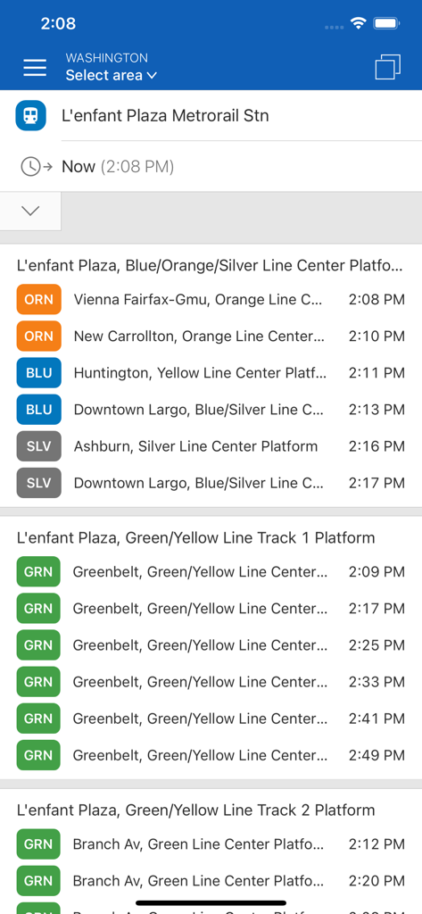 Interfaz de la aplicación CG Transit que muestra los horarios de salida del metro de Washington DC para la estación L'Enfant Plaza
