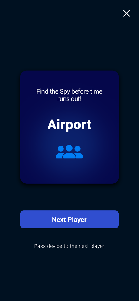 Impostor Challenge: Guess Who - Una schermata dal gioco Impostor Challenge che mostra la parola segreta Aeroporto e le istruzioni per passare il dispositivo al giocatore successivo.