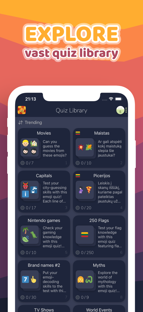 Emoji Quiz Master - Pantalla de la biblioteca de la aplicación Emoji Quiz Master mostrando los quizzes de emojis de tendencia en varias categorías como películas y juegos.