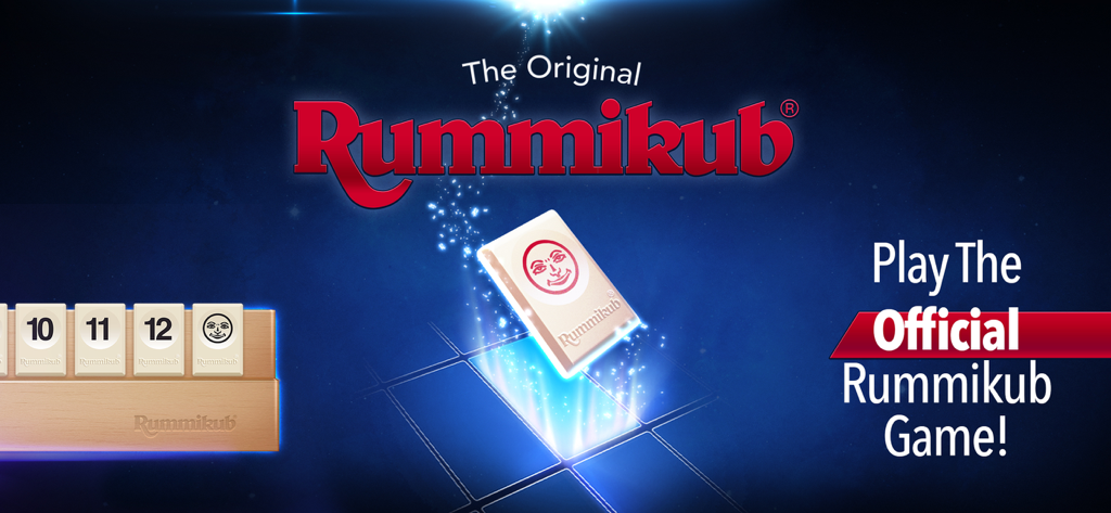 Official Rummikub game banner featuring game tiles and the classic logo on a dark blue background