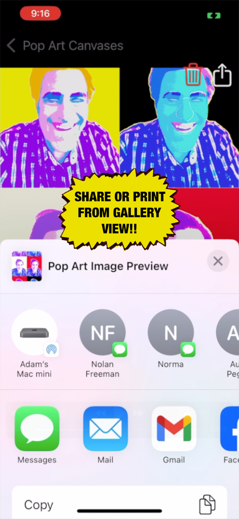 Pop Art Lite - Compartilhando criações de arte pop da visualização da galeria no aplicativo Pop Art Lite