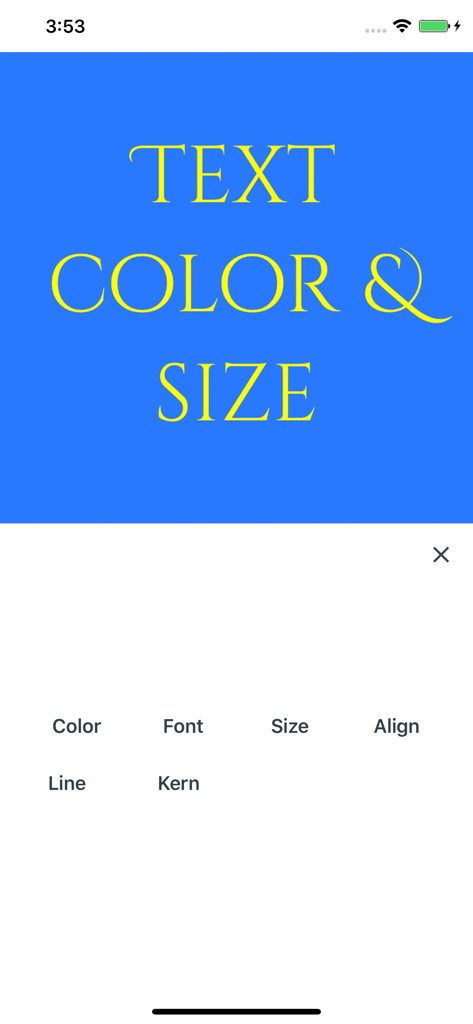 Text Only Made Simple - Interface do aplicativo Text Only Made Simple exibindo texto amarelo sobre um fundo azul com opções de edição de cor, fonte e tamanho