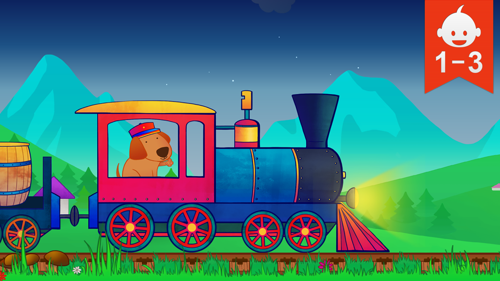 Animal Train for Toddlers - An animated steam train driven by a dog through a mountain landscape at night for toddlers aged 1 to 3