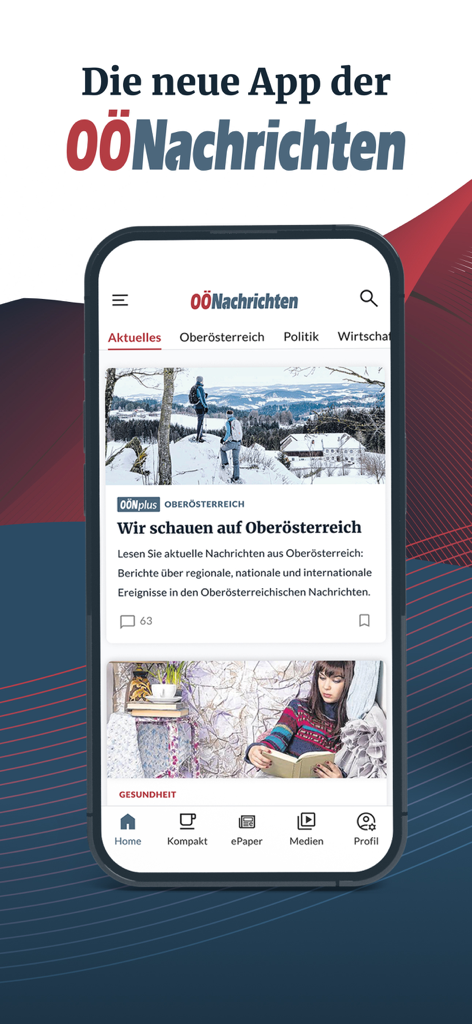 Smartphone zeigt den Startbildschirm der OONachrichten-App mit regionalen österreichischen Nachrichten