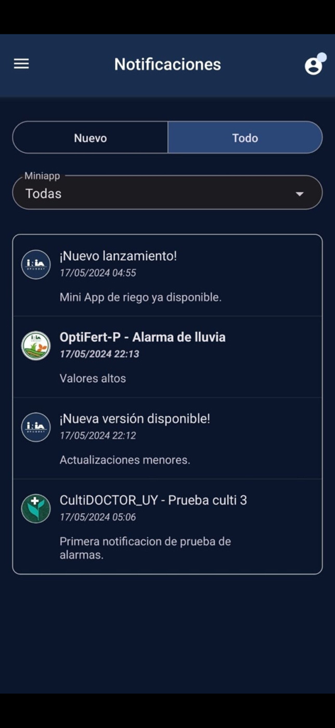 INIA móvil - El feed de notificaciones de la app INIA movil con alertas agrícolas y meteorológicas.