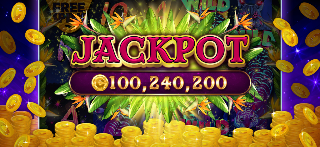 A jackpot win screen in Casino World Slots showing over one hundred million coins and tropical plants