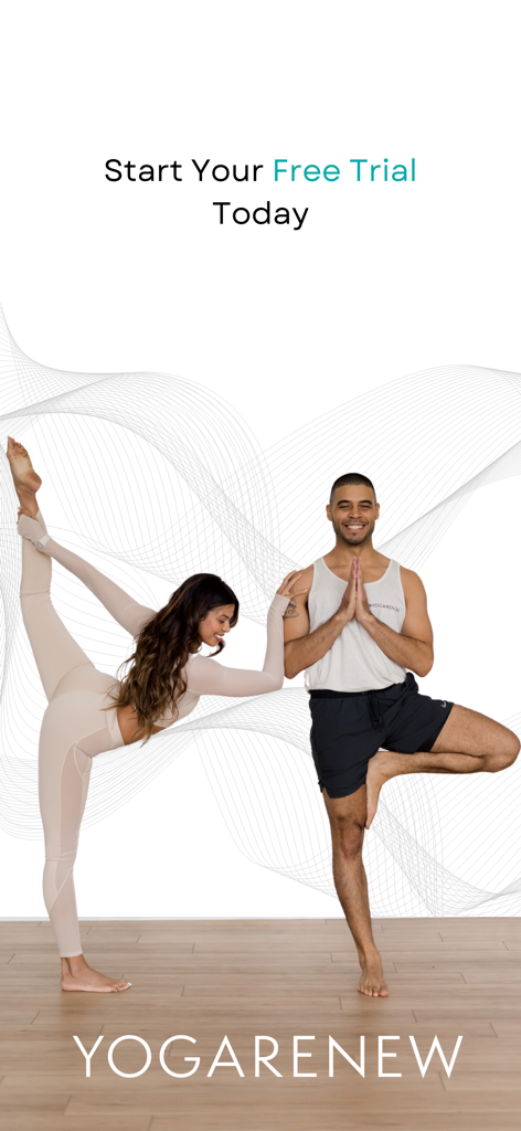 YogaRenew | Yoga At Home - Man and woman performing yoga poses on the YogaRenew app free trial screen