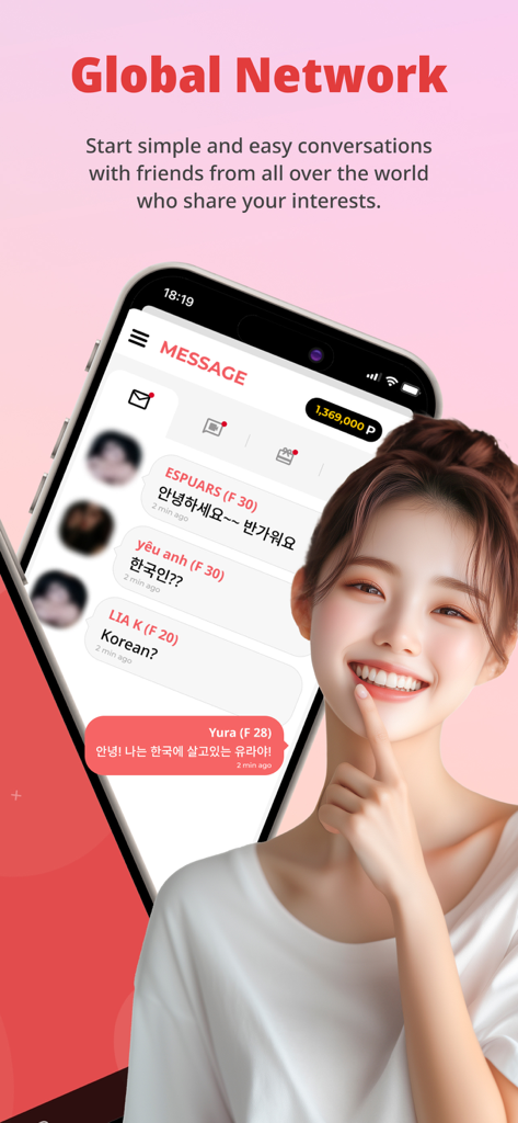 ViewChat app messaging screen showing international users and real time chat translation features