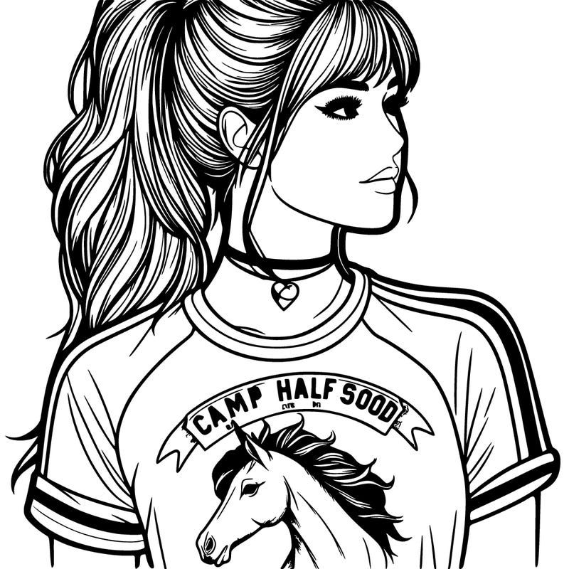 realistic girl with a high ponytail a t-shirt with a pegasus on it with the words camp half blood on it